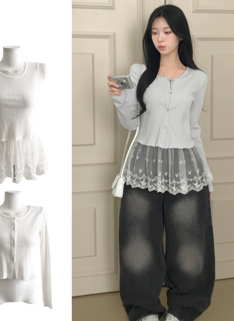 リブカーディガン&刺繍レースレイヤードタンクトップSET | レディース